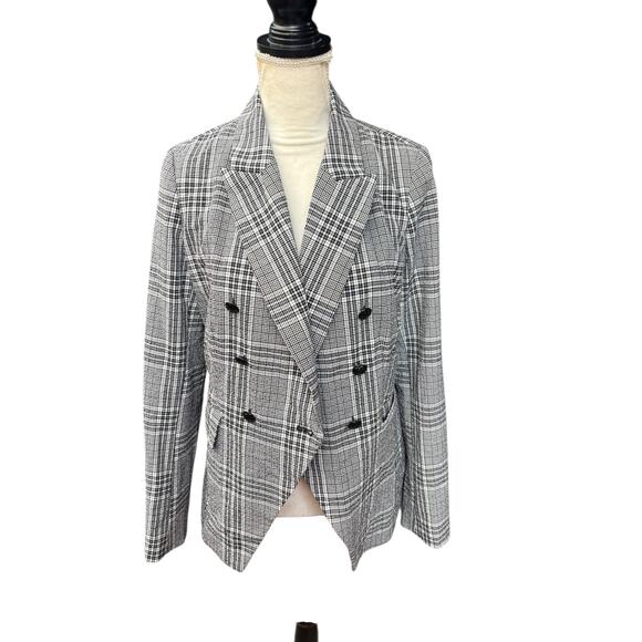 Maison d'Amelie Black White Plaid Double Breasted Notched Hem Blazer - M - Picture 3 of 13